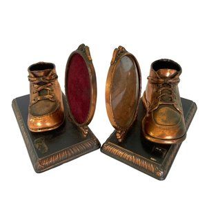 Pair of Copper Bronze Baby Shoe Boots Picture Photo Frame Vintage 7.25" x 6"